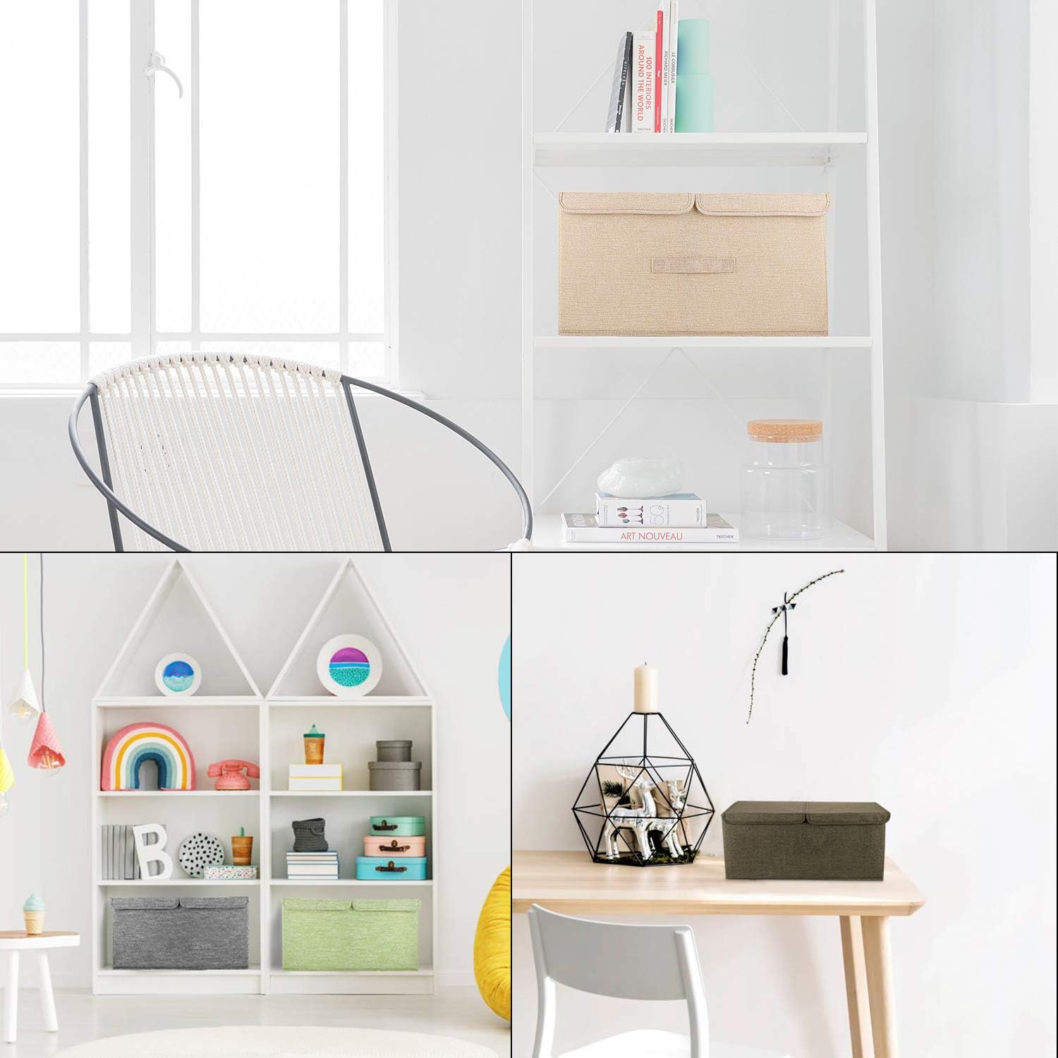 2 Pack Storage Boxes with Lids and Handles, Collapsible Linen Storage Bins Organizer Containers Baskets Cube with Removable Divider for Home Bedroom Closet Office (Green, Small)