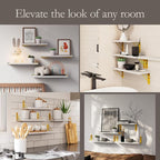 BAYKA Wall Shelves for Bedroom Decor, Floating Wall Shelves for Living Room Kitchen Storage, Wall Mounted Rustic Wood Shelves for Kids Books, Corner Shelf for Bathroom(White and Gold，Set of 4)