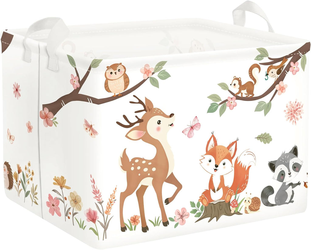 Clasty Animal Flower Kid Storage Basket Foldable Laundry Hamper, 36L Fox | Rectangle Clothes Book Gift Toy Organizer Bin, Playroom Bedroom Bathroom, Deer Raccoon, Girl Woodland Nursery Decor Basket