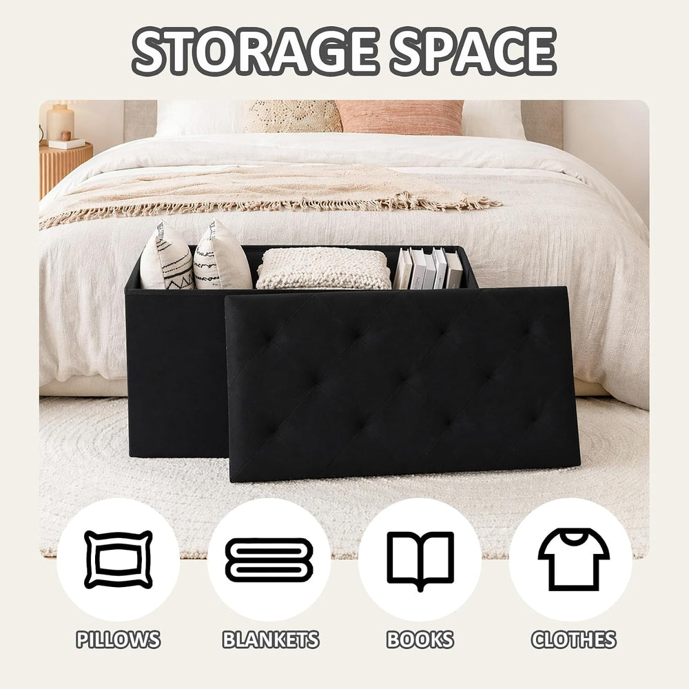 PINPLUS Folding Storage Ottoman Bench, Black Velvet | Compact Storage Chest w...