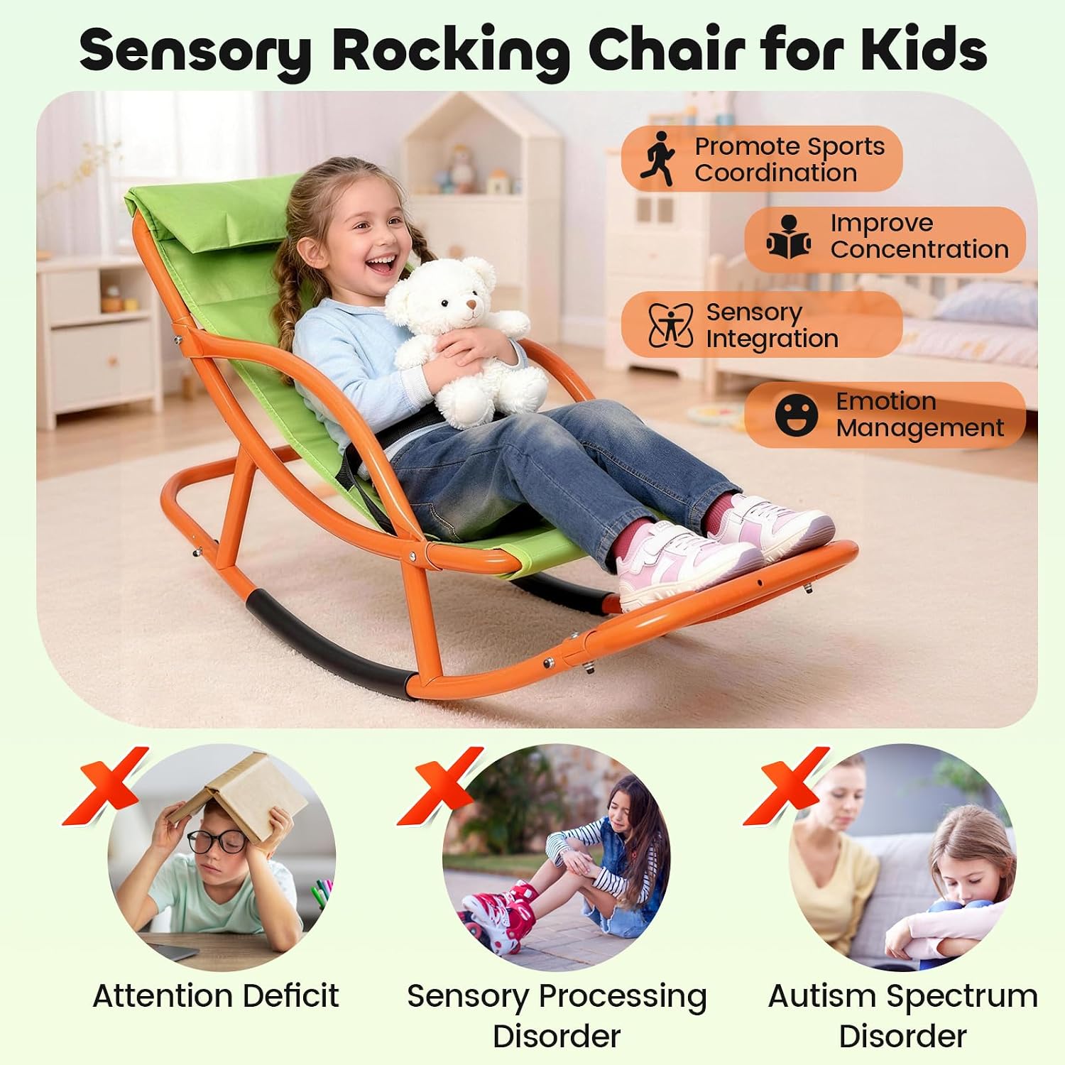 Large Size Kids Sensory Rocking Chair for Children Under 55 Inches Tall, Autism and ADHD Balance Seat Helps Kids Relax, Focus and Play, Indoor & Outdoor Rocker for Bedroom, Nursery and Sensory Room