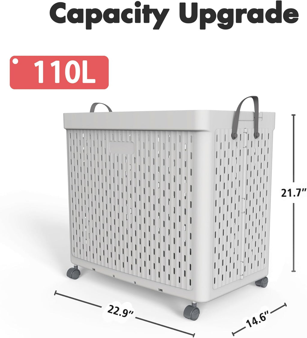 UAK Laundry Basket with Wheels, Collapsible Plastic Laundry Hamper with Handle, Foldable Laundry Basket Organizer for Laundry and Bathroom Light Grey, XXXXL (110L)