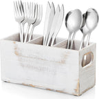 DRASTAR Wooden Silverware Caddy, Flatware Cutlery Holder, Silverware Organizer for Party, Kitchen Utensil Holder for Countertop, Retro White