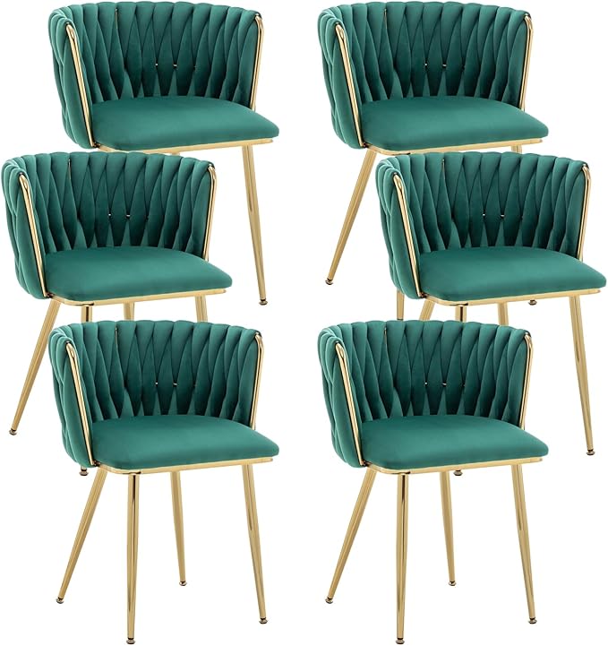 Kiztir Velvet Dining Chairs Set of 6 Woven Dining Chairs with Gold Metal Legs Upholstered Modern Dining Room Chair for Living Room, Bedroom, Kitchen (Green, Set of 6)
