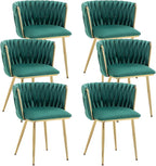 Kiztir Velvet Dining Chairs Set of 6 Woven Dining Chairs with Gold Metal Legs Upholstered Modern Dining Room Chair for Living Room, Bedroom, Kitchen (Green, Set of 6)