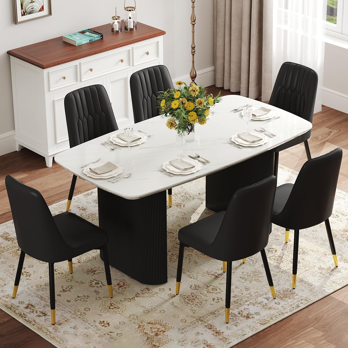 Ebullient White Dining Table Set for 6, 67'' Marble Oval Dining Table Set with 6 Metal Chairs, 3.5'' Thick Marble-Grain Top and Matte Black Wood Base, Space-Saving 7 Piece Kitchen Table Set