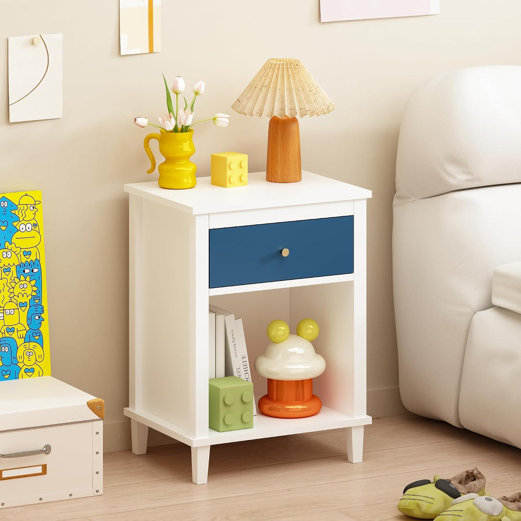 Kids Nightstand with Drawer and Shelf, Wood Bedside Table, Navy Blue | Kids nightstand with drawer and open shelf keeps books, toys, and bedtime essentials organized and within easy reach.