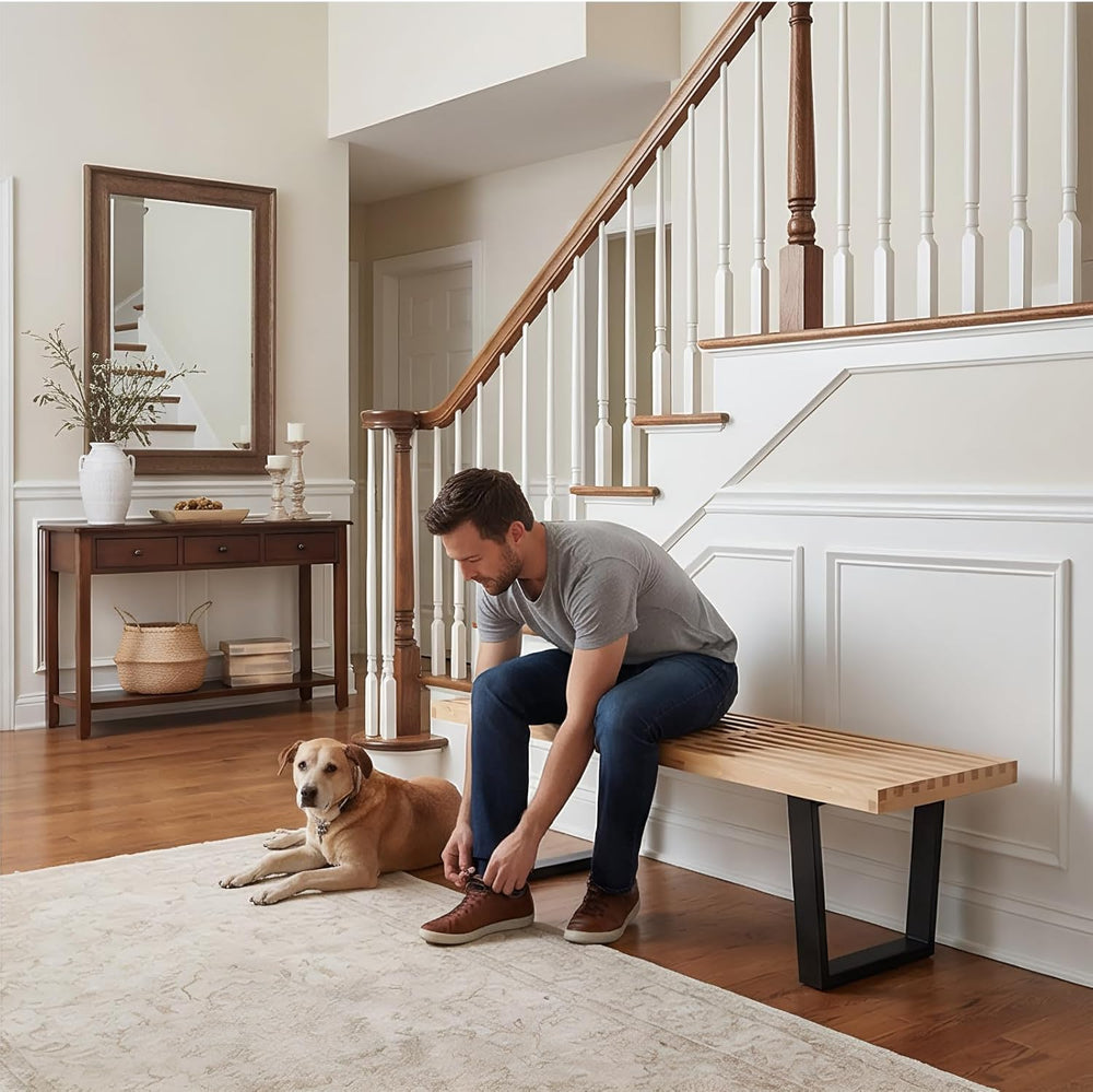 55" Natural Wood Entryway Bench, Industrial End of Bed Bench for Bedroom...