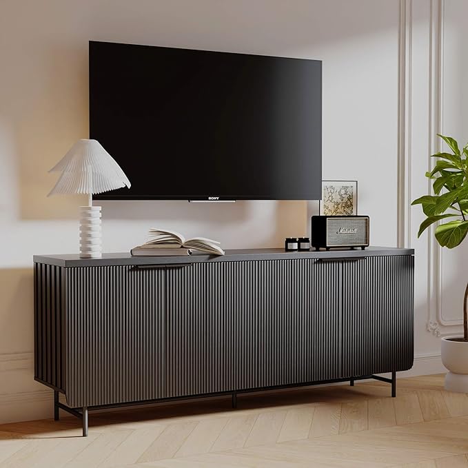 Mid Century Fluted TV Stand for 55-75 inch TV, Black Entertainment Center with Storage, Television Stand, Media Console, Sideboard Cabinet for Living Room, Bedroom