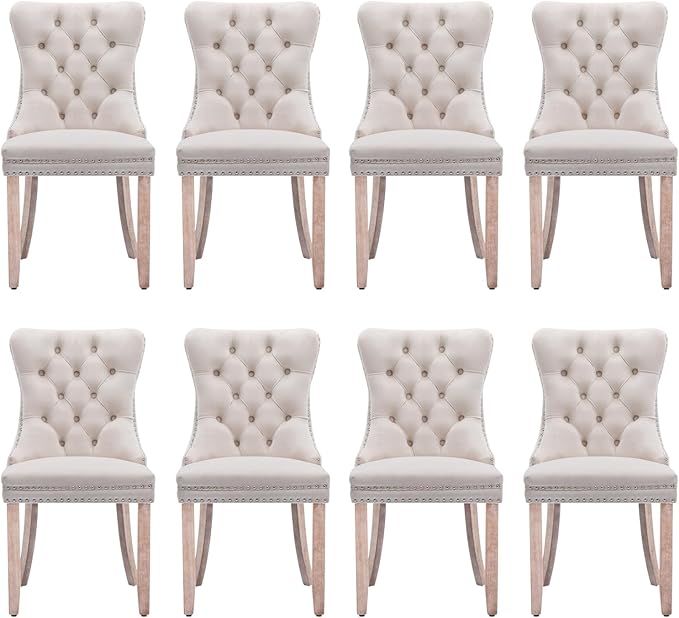 Velvet Upholstered Dining Chairs Set of 8, Modern Style Kitchen Side Chairs with Nailhead Trim and Wood Legs,Metal Pulling Ring for Dining Room Living Room(Beige)