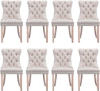 Velvet Upholstered Dining Chairs Set of 8, Modern Style Kitchen Side Chairs with Nailhead Trim and Wood Legs,Metal Pulling Ring for Dining Room Living Room(Beige)