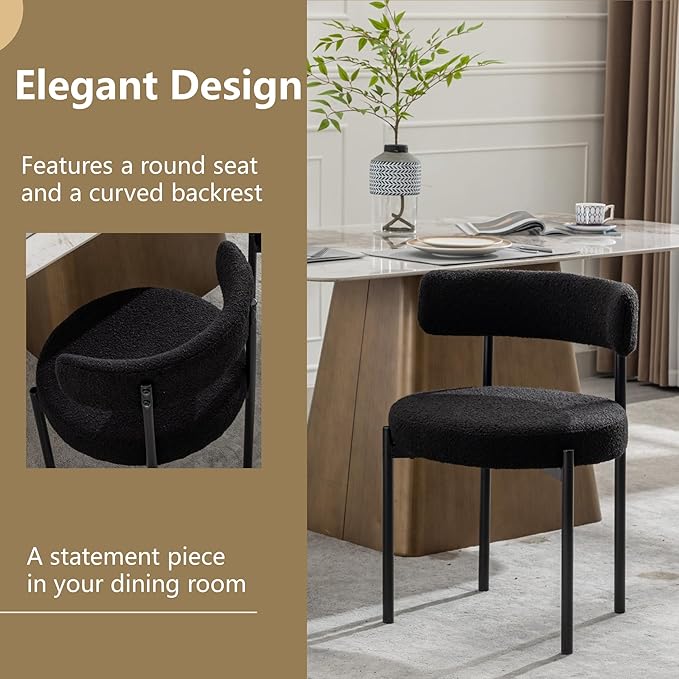 Boucle Dining Chairs Set of 2, Black Dining Chairs with Upholstered Seat and ...
