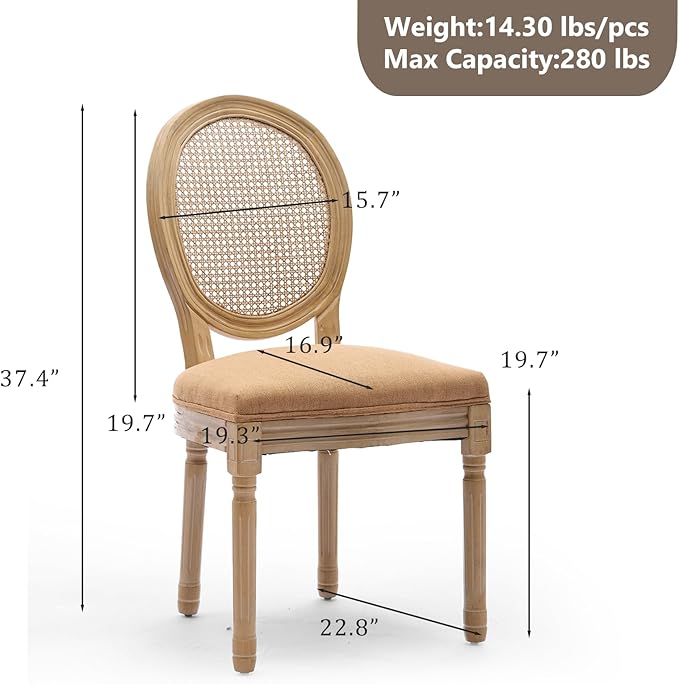 Rattan Back Upholstered Dining Chairs Set of 6 French Country Oval Kitchen Side Chairs with Wood Legs for Dining Room, Kitchen, Restaurant(Tan-Rattan)