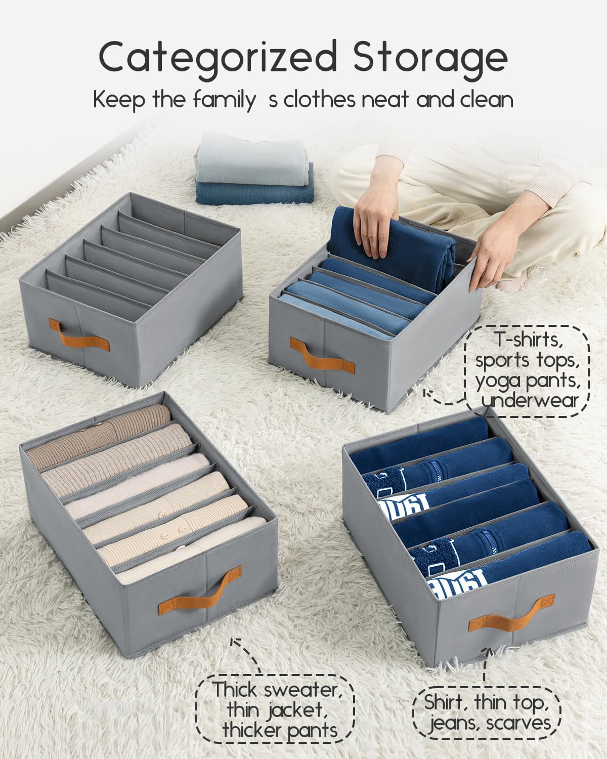 Closet Organizers and Storage - Fabric Clothes Organizer with Handles, Foldable Jeans Organizer for Clothes, Drawer Organizer for Shirts, Bra, Sweater, Scarf, 4 Pack, Grey
