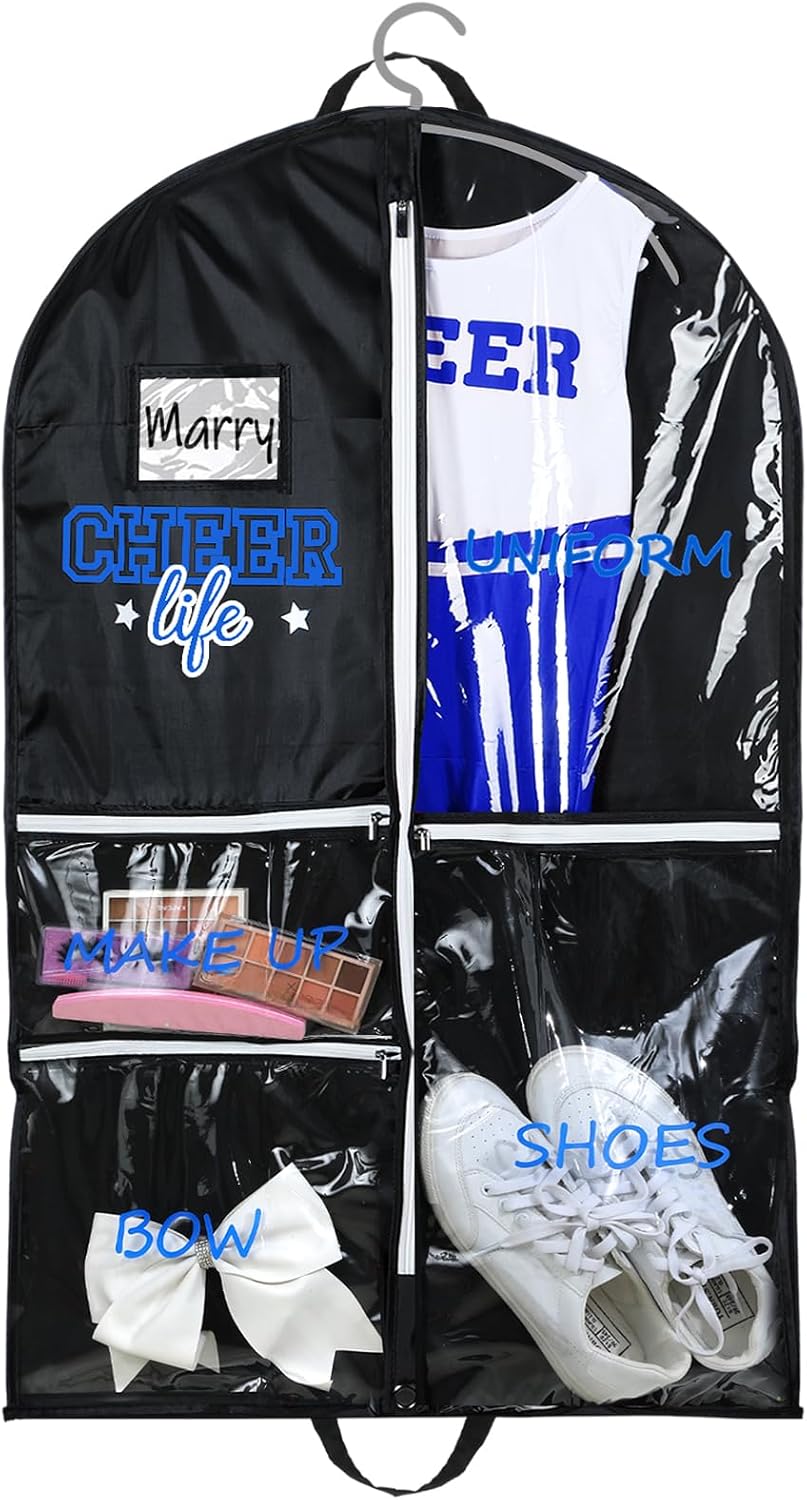 40" Cheer Uniform Garment Bag Cheerleading, Black,Blue | Waterproof Hanging Storage, 5 Pockets to Organize Accessories, Side Zip Travel Bag,Cheer Mom Gift ,Cheer Competitions