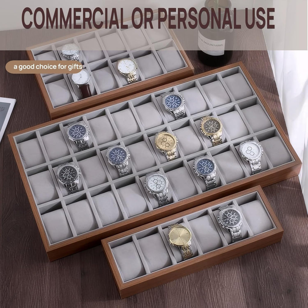 Wooden Watch & Jewelry Tray Organizer - 24/30 Grid Display Holder with Removable Pillow for Men & Women's Storage (30 Grid)