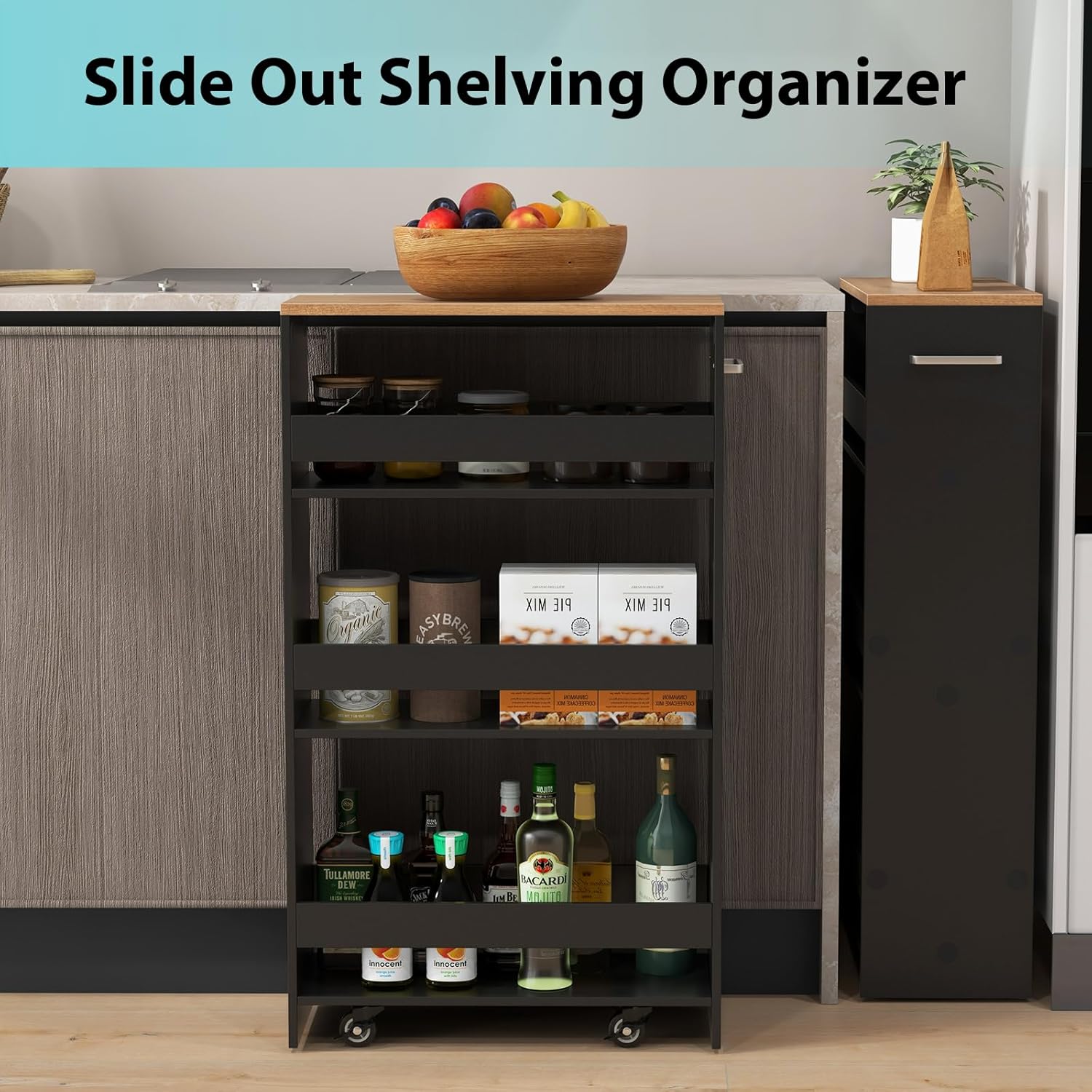 POWERSTONE 4-Tier Slim Storage Cart, Narrow Kitchen Rolling Cart w/Handle & Open Shelves, Skinny Slide Out Utility Organizer Trolley for Kitchen Bathroom Laundry Small Spaces Black & Natural