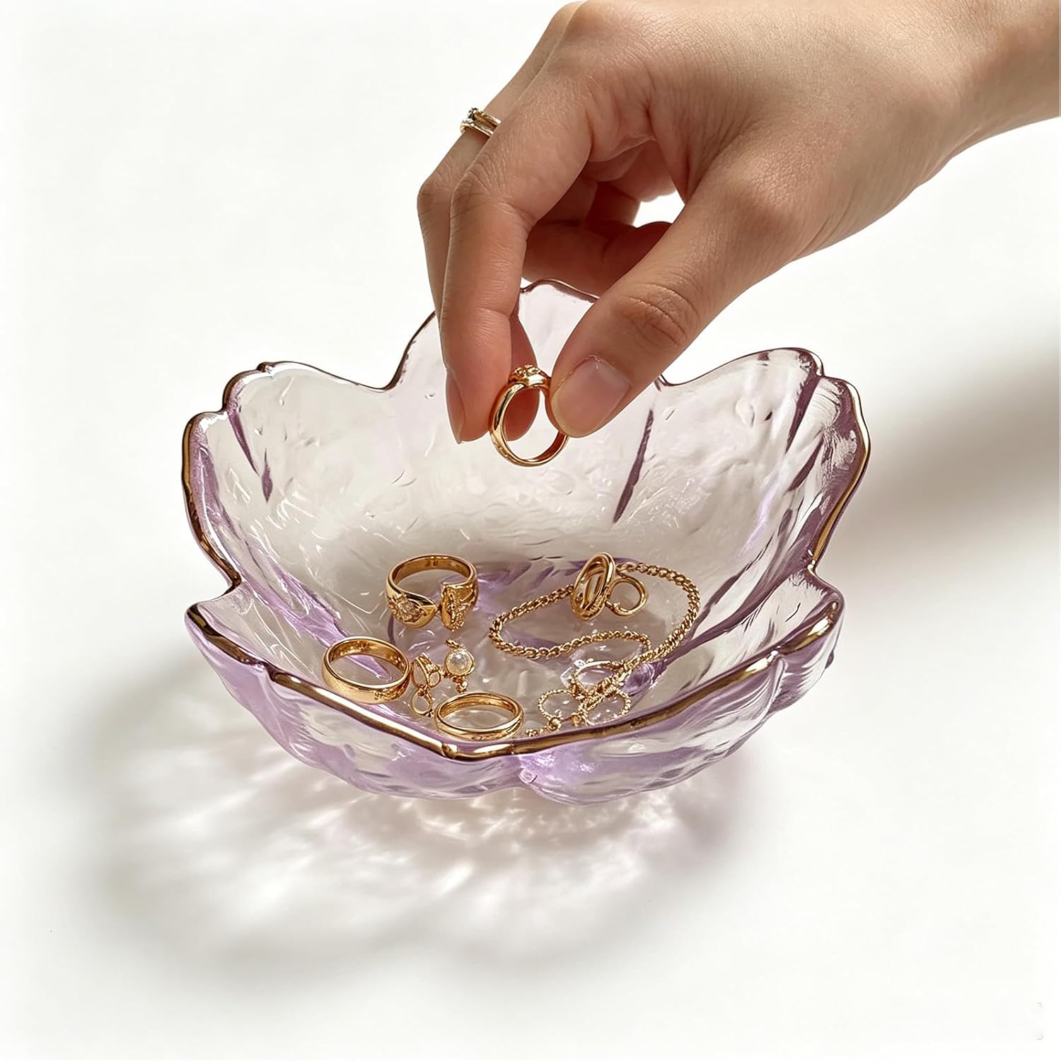 Small Jewelry Dish Tray, Flower Ring Dish Jewelry Tray, Nightstand Decor Glass Trinket Dish, Jewlery Plate Crystal Ring Holder Dish, Gifts Engagement Jewelry Bowl Dish for Rings, Earrings (Purple)