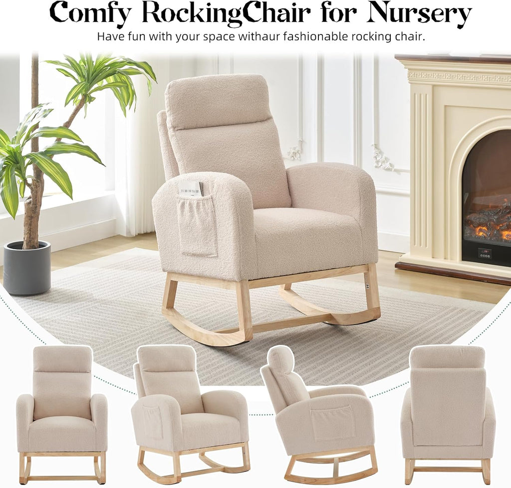 Rocking Chair Nursery, Modern Upholstered Glider Rocker with Side Pocket, High Backrest Padded Seat Accent Armchair for Living Room, Nursery, Bedroom