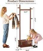 Solid Wood Coat Rack Clothes Rack, Coat Rack Freestanding with Storage Basket and 5 Hooks, Heavy Duty Coat Tree for Entryway, Living room, Coat Hanger Stand for Hats, Bags Clothes