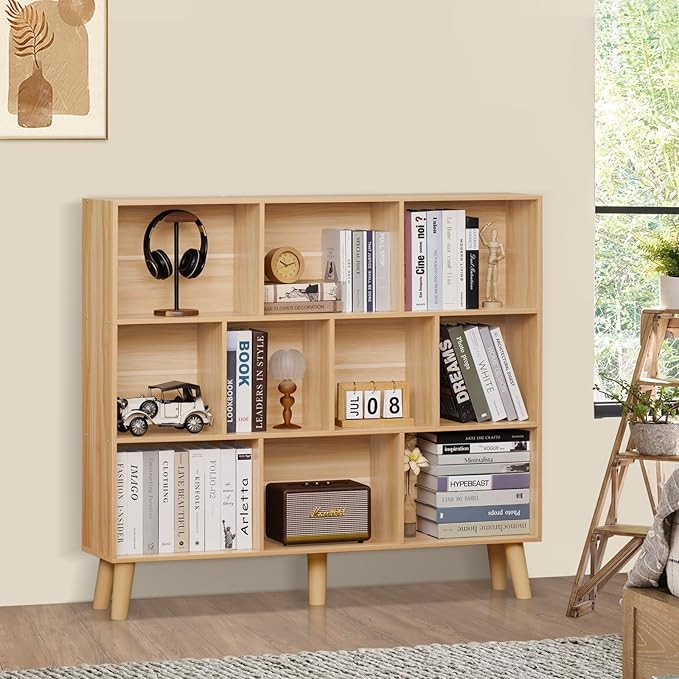 LEYAOYAO 10 Cube Bookshelf,3 Tier Modern Wide Bookcase with Legs,Mid-Century Wood Bookshelves Storage，Natural Large Book Case,Freestanding Organizer Display Shelf for Bedroom,Living Room,Office