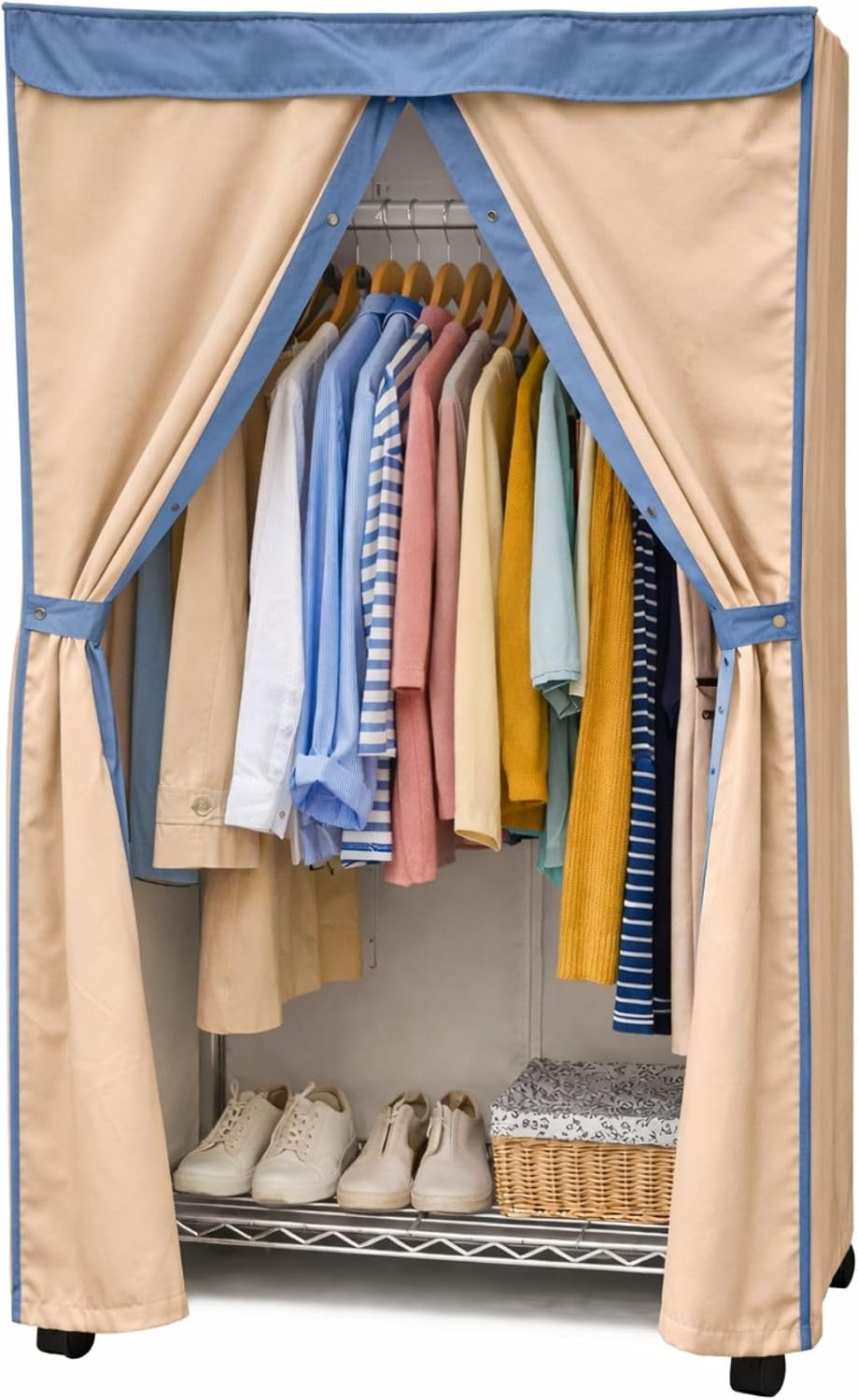 Formosa Covers Portable Garment Rolling Rack Cover - Protect Your Clothes from Dust Keep Your Room Looking Organized (Cover Only) (Beige Khaki with Dusty Blue Trim, 36" W x 14" D x 72" H)