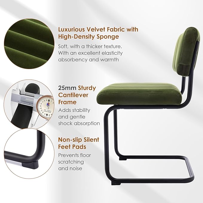 ONEVOG Mid Century Modern Dining Chairs Set of 2, Green Velvet Kitchen Chairs with Tufted Backs, Upholstered Wide Seat, Armless Cantilevered Chairs with Metal Legs for Kitchen Living Room