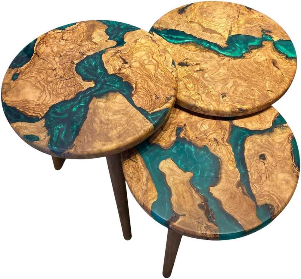 3-Piece Round Nesting Side Table Set 15.7 in Diameter | Olive Wood & Gree...