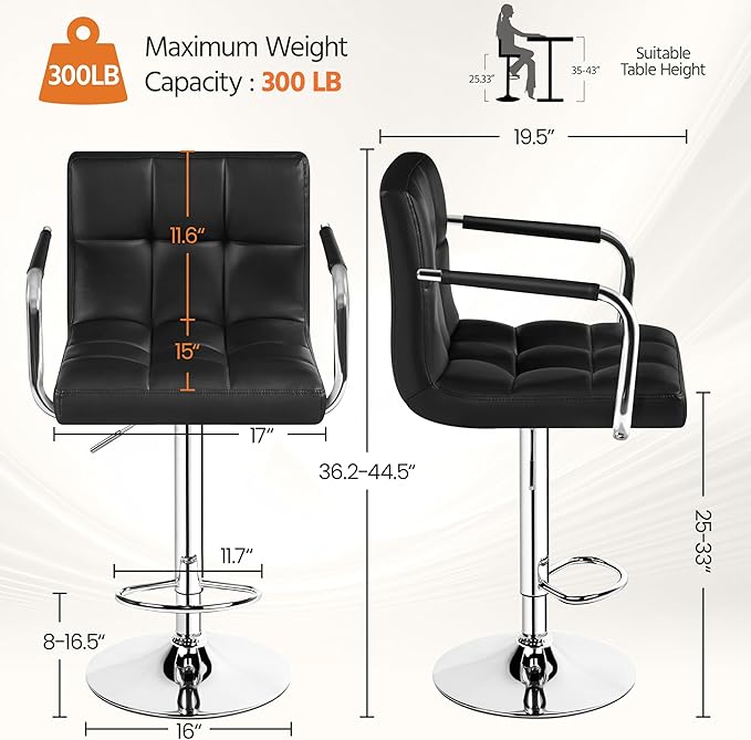 Yaheetech Bar Stools, PU Leather Adjustable Swivel Barstools, Hydraulic Kitch...