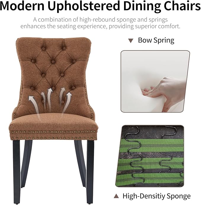 Brown Dining Chairs Set of 2, Upholstered Tufted Linen Fabric Dining Room Chairs with High Back, Nailhead Trim and Black Solid Wood Legs, Modern Dining Chair for Dining Room, Kitchen(Brown)