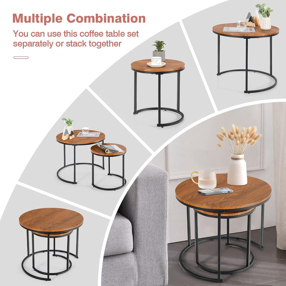 CASART Set of 2 Nesting Tables, Stacking Sofa Side Tables, Wooden Top & S...