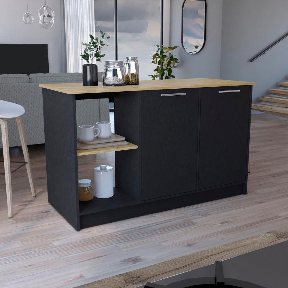 Kitchen Island with Large Top Surface and Double Door Cabinet Black / | Inclu...