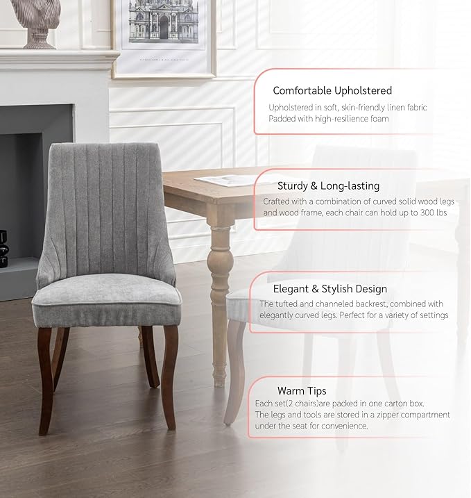 Dining Chairs Set of 2,Comfy Fabric Upholstered Accent Chairs for Kitchen Liv...