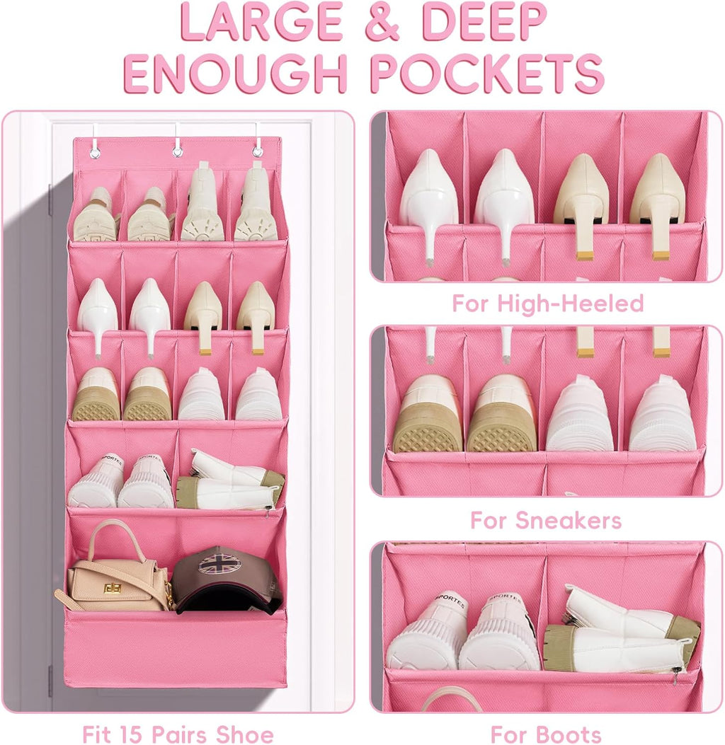FENTEC 1 Pack Over-the-Door-Shoe-Organizers, Hanging Shoe Organizers with Large Pocket Shoe Holder Hanging Shoe Rack for Closet Shoes Organizer for Wall, Over Door Organizer with 15 Pockets Pink
