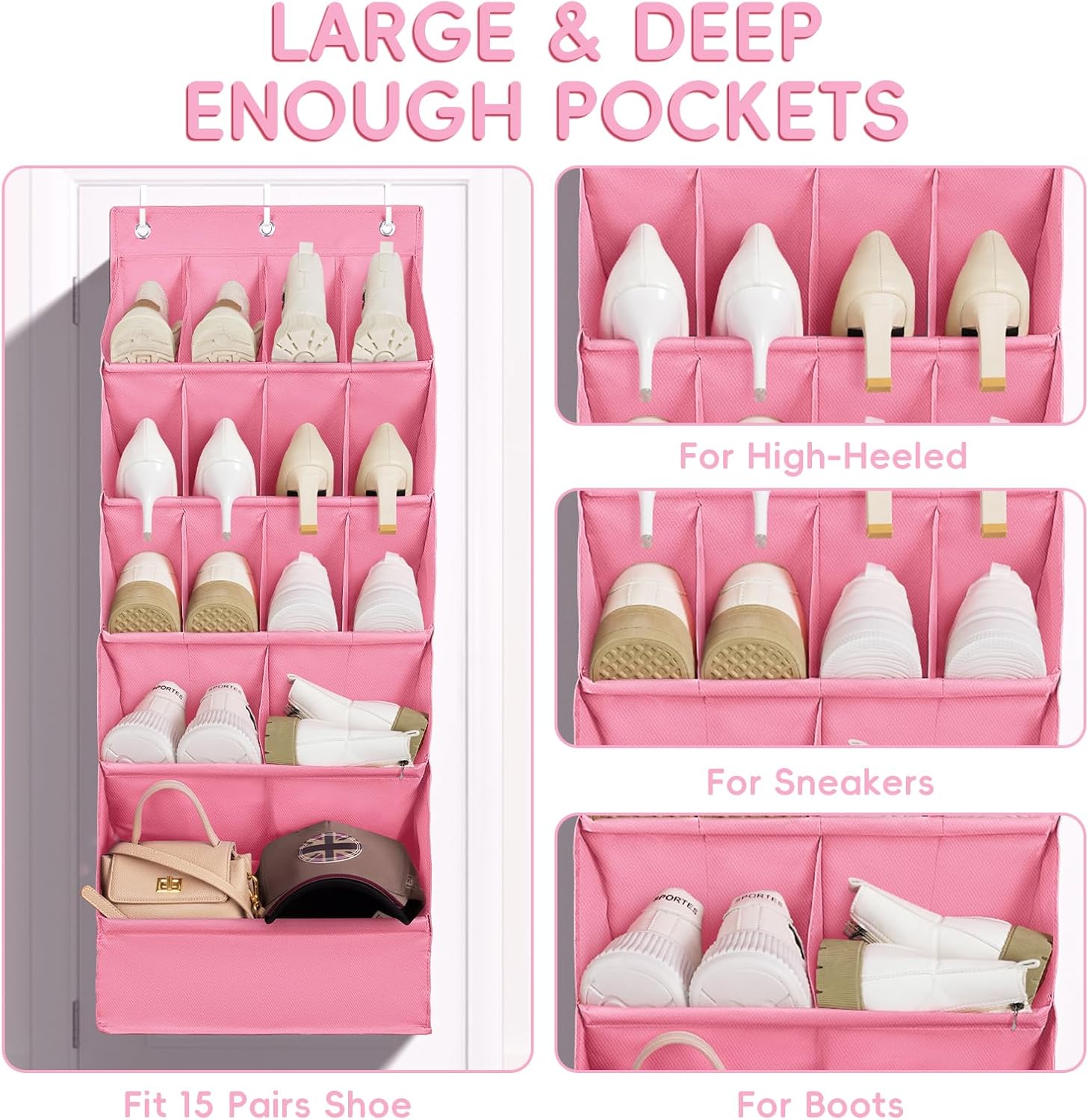 FENTEC 1 Pack Over-the-Door-Shoe-Organizers, Hanging Shoe Organizers with Large Pocket Shoe Holder Hanging Shoe Rack for Closet Shoes Organizer for Wall, Over Door Organizer with 15 Pockets Pink