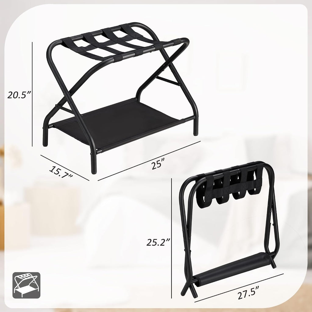 Luggage Rack Set of 2, Foldable Suitcase Stand with Fabric Storage Shelf Easy Assemble Metal Luggage Holder with Straps for Guest Room Bedroom Hotel, Black