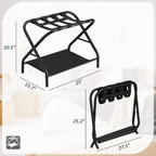 Luggage Rack Set of 2, Foldable Suitcase Stand with Fabric Storage Shelf Easy Assemble Metal Luggage Holder with Straps for Guest Room Bedroom Hotel, Black
