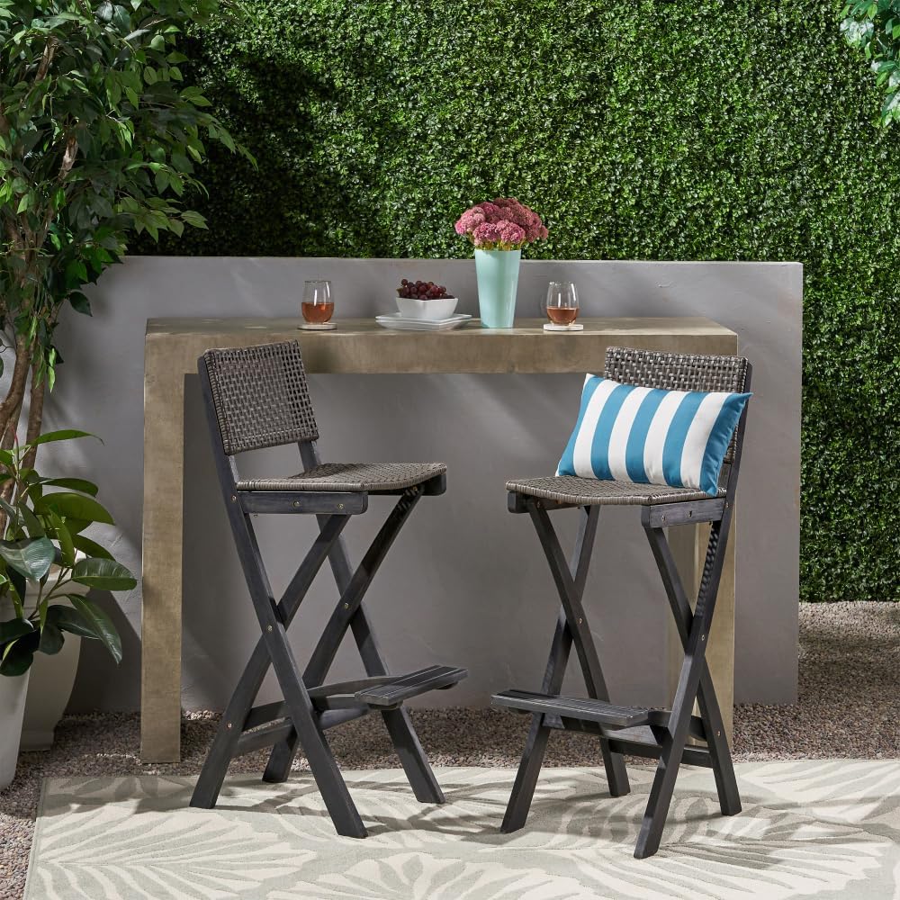 Saiveina 41.75" Outdoor Folding Acacia Wood Barstools with PE Rattan Bac...