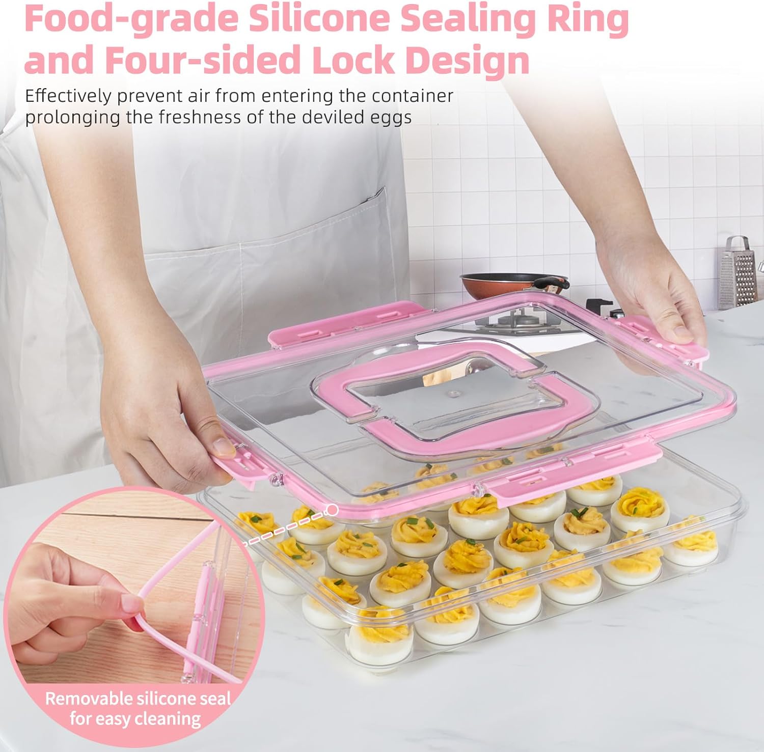 Deviled Egg Containers with Lid and Handle, Durable Clear Plastic Deviled Egg Carrier Storage 24 Eggs, Stackable Egg Holder for Fridge, Portable Tray Platter for Party & Picnics-1 Pack Pink