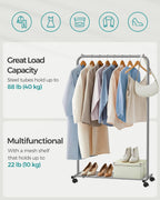 SONGMICS Clothes Rack with Wheels, Clothing Rack for Hanging Clothes, 25.4 mm Metal Garment Rack with Dense Mesh Storage Shelf, 110 lb Load Capacity, 2 Brakes, Gray UHSR025G01