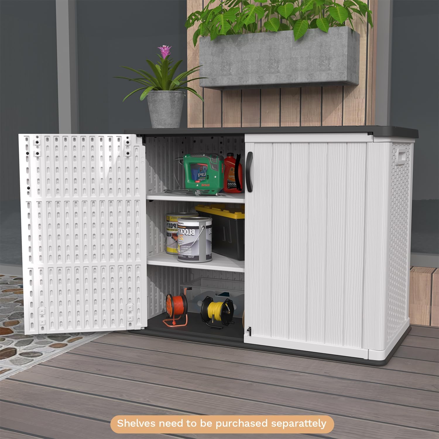 Patiowell 26 Cu.ft Plastic Outdoor Storage Cabinet, Lockable Waterproof Horizotal Storage Shed, Tool Box for Patio, Garden Tools, Garbage Cans, Pool Supplies, Easy Assembly, White(Not Include Shelves)