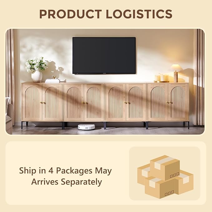 Modern TV Stands for 85 Inch TVs, 123.5‬"W Wood Entertainment Center w/Adjustable Shelves, Mid Century Modern TV Stand w/Arched Fluted Doors, Media Console Cabinet for Living Room, Natural