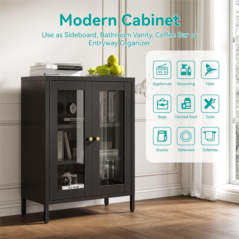 Small Metal Cabinet with Glass Doors,Display Storage Cabinet with 2 Adjustabl...