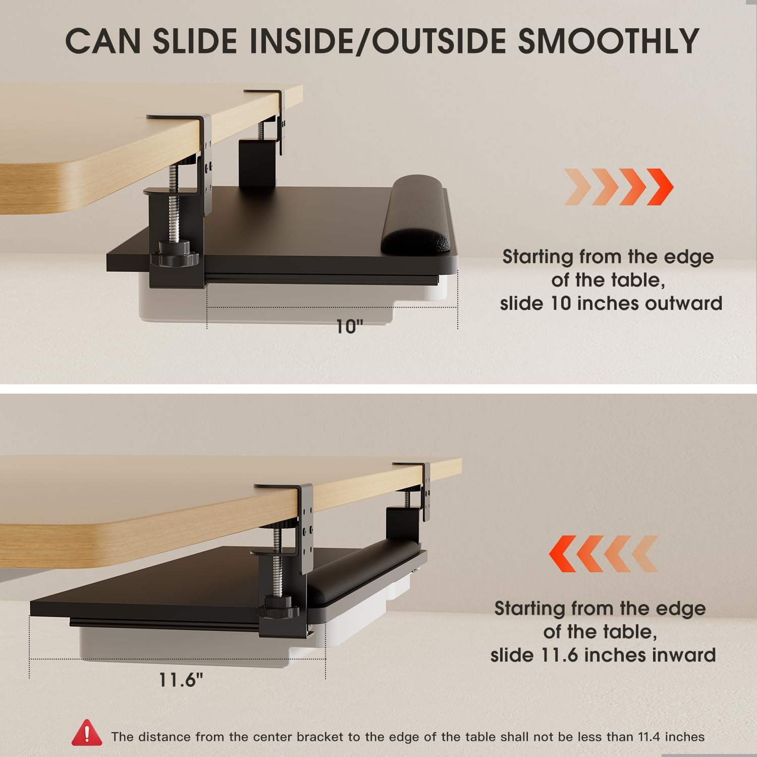 Keyboard Tray Under Desk with a Soft Wrist Rest，Under Desk Keyboard Tray Slide Out with 2 Storage Drawers，C Clamp-on Mount Ergonomic Keyboard Tray for Home and Office，26.5"x11.6"