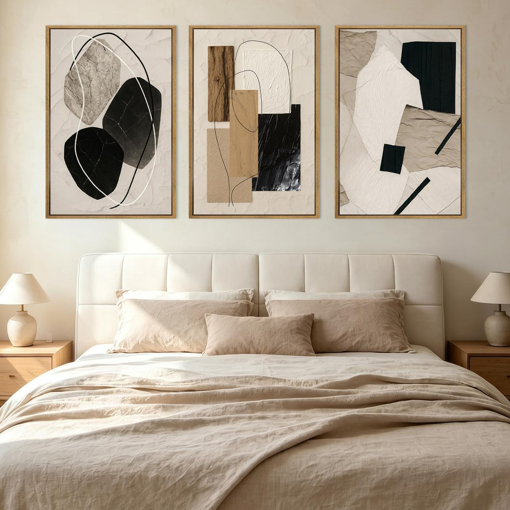 Large Abstract Paintings Framed Neutral Canvas Prints Mid Century Modern Wall...