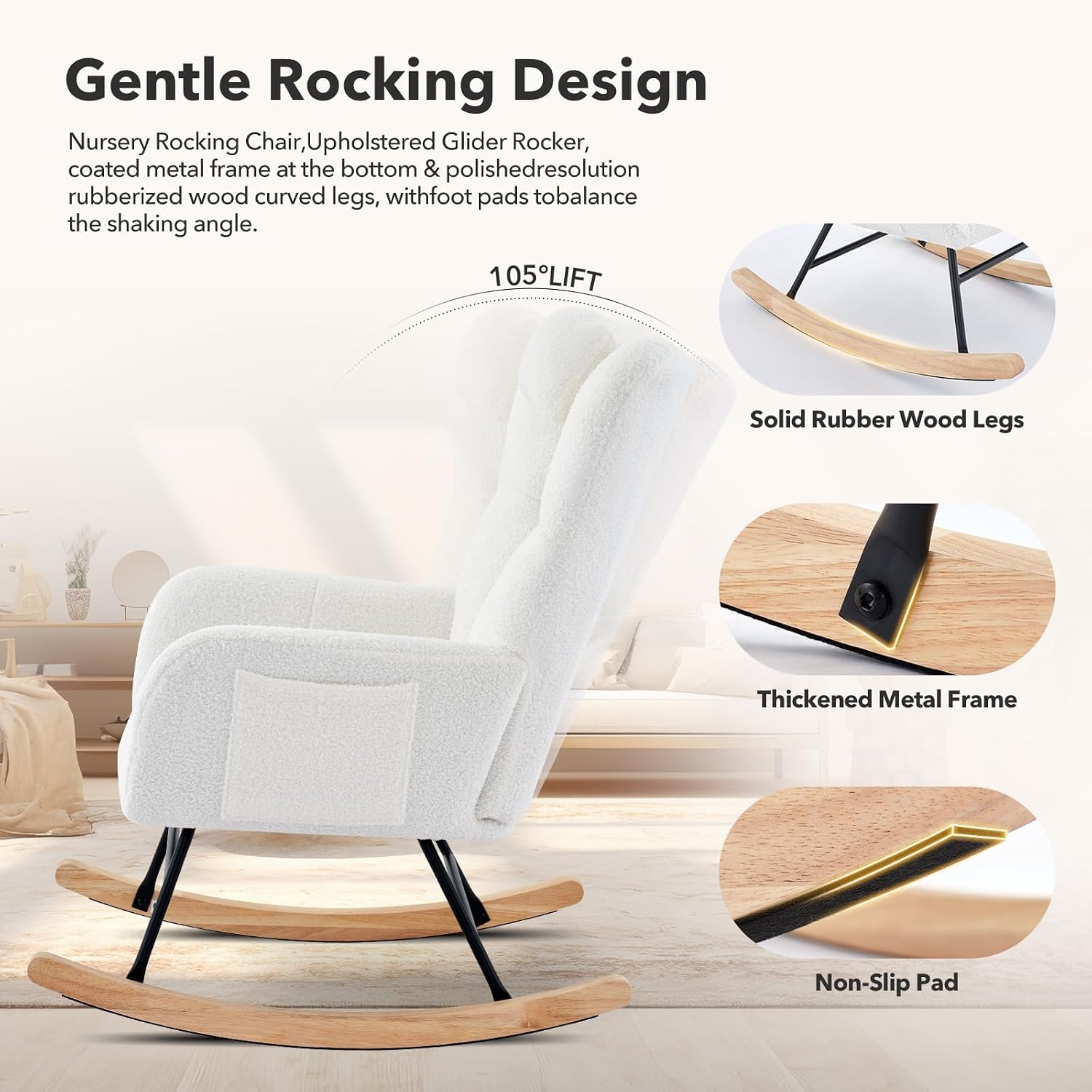 Rocking Chair Nursery, Teddy Upholstered Glider Rocker with High Backrest, Modern Rocking Accent Chair with Headrest, Comfy Armchair for Living Room, Bedroom, Offices, Beige