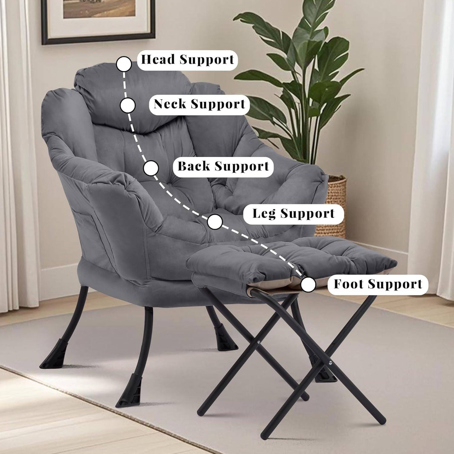 Lazy Chair with Ottoman, Comfy Accent Lounge Chair with Side Pocket, Modern Reading Armchair with Footrest, Upholstered Sofa Chair for Small Spaces, Bedroom, Living Room, Dorm, Darkgrey