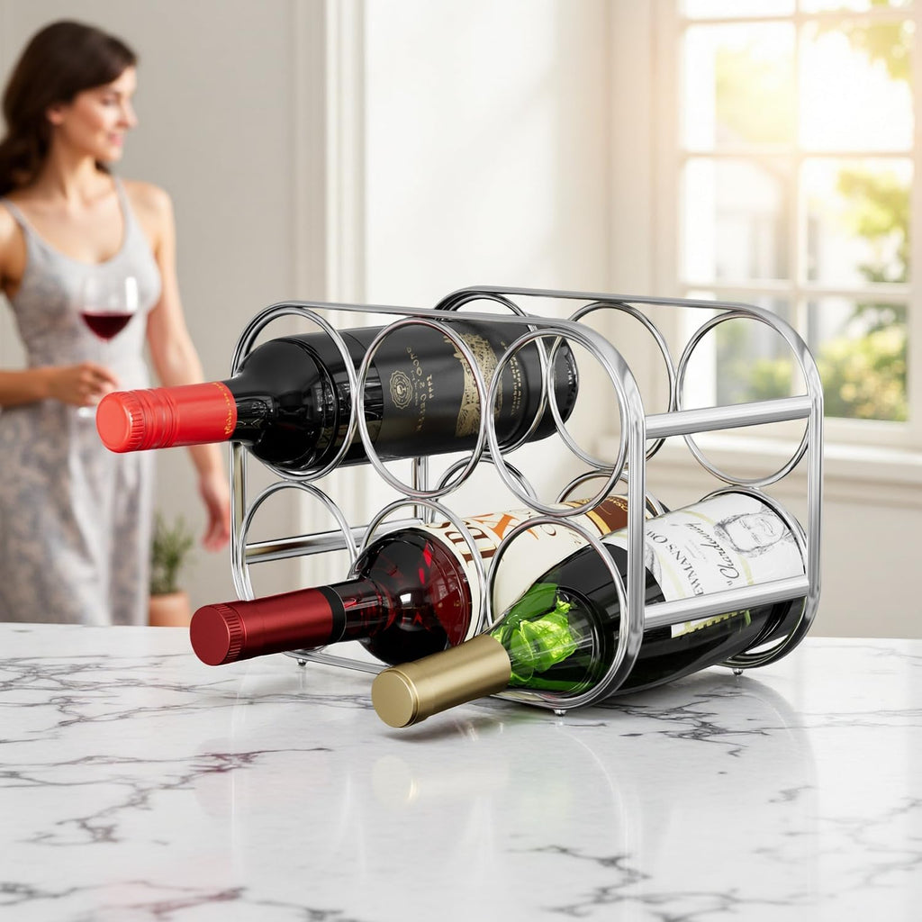 Buruis 6-Bottle Countertop Wine Rack, Metal Wine Bottle Holder, Chrome | No Assembly Required, Space-Saving Wine Storage, Kitchen Bar Organizer, Red & White Wine Display, Modern Home Decor