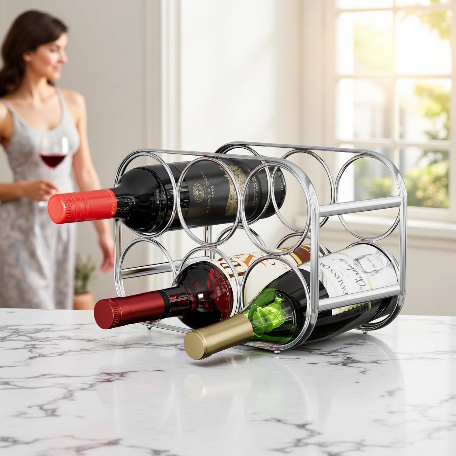 Buruis 6-Bottle Countertop Wine Rack, Metal Wine Bottle Holder, Chrome | No Assembly Required, Space-Saving Wine Storage, Kitchen Bar Organizer, Red & White Wine Display, Modern Home Decor