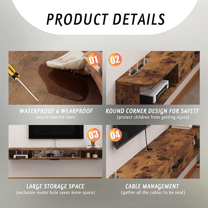 Floating TV Unit, 55'' Wall Mounted TV Cabinet, Floating Shelves with...
